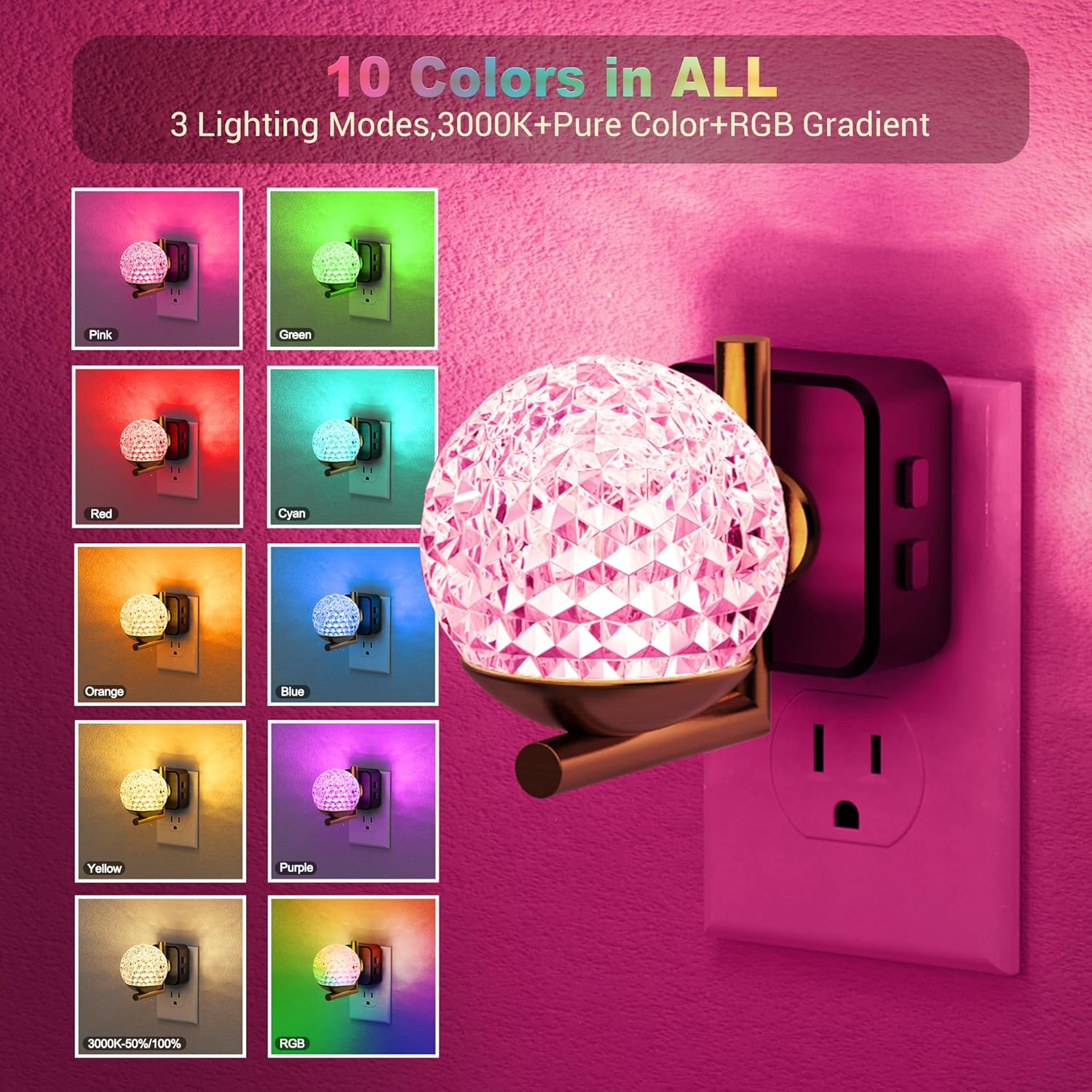 JandCase LED Night Light, 3000K Warm White & RGB Color Changing Night Lights Plug into Wall, Dusk to Dawn Light Sensor, 180° Rotatable…