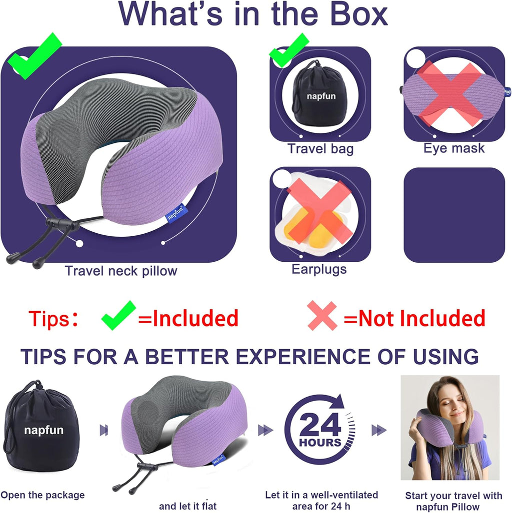 napfun Neck Pillow for Traveling, Upgraded Travel Neck Pillow for Airplane 100% Pure Memory Foam Travel Pillow for Flight Headrest Sleep…
