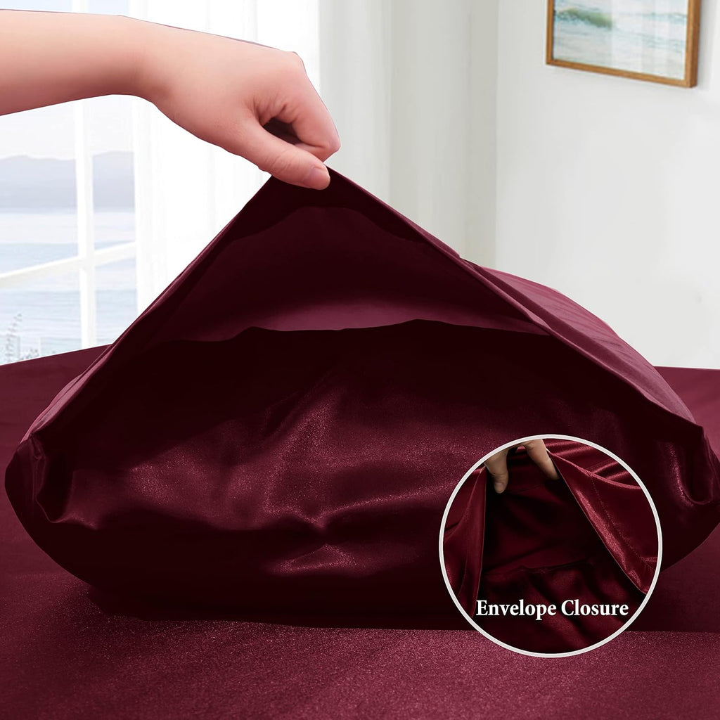 VACVELT 4pcs Burgundy Satin Sheets Queen Size Bed Set, 15 Inch Deep Pocket Silky Satin Sheet Set, Soft Satin Bedding Set Cooling & Luxury…