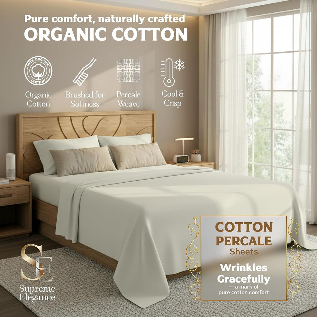 SupremeElegence SUPREME ELEGANCE 100% Organic Cotton Queen Sheet Set (4 Pieces), Percale, Crisp, Breathable & Cooling Sheets for Hot Sleepe…