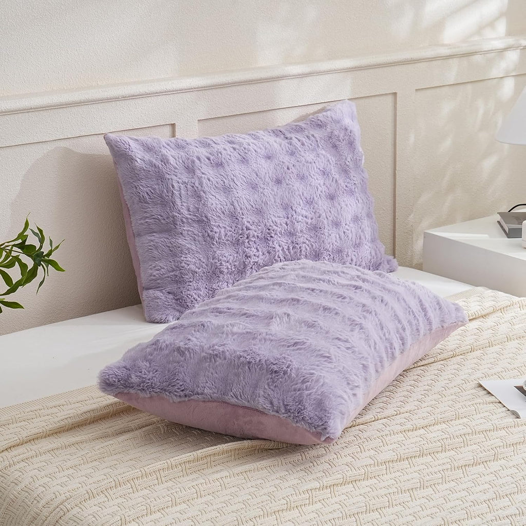 Chumerry Fuzzy Faux Fur Pillow Case Plush Shaggy Pillow Cover Plaid Check Texture Extra Soft Fluffy Faux Rabbit Fur Fabric Purple Decorativ…