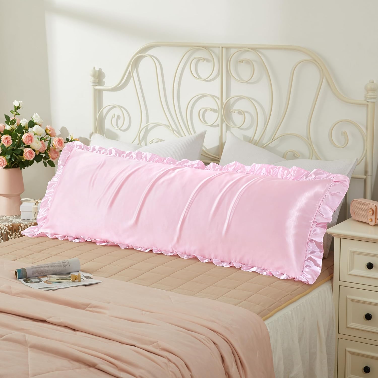 HommxJF Pink Satin Pillowcases Body Pillow for Hair and Skin, Pink Body Pillow Silk Pillowcase with Envelope Closure Princess Room Decoratio…