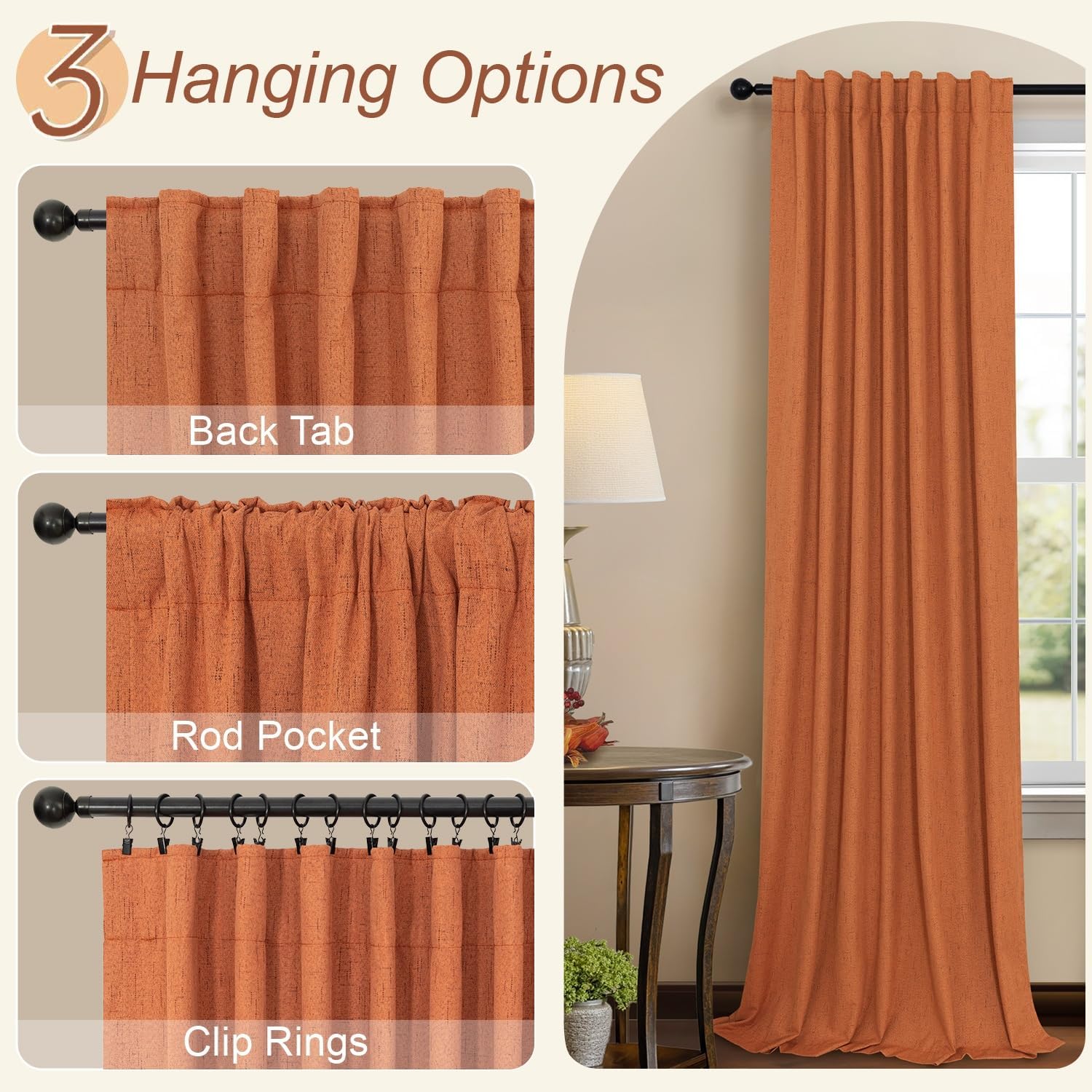 Pitalk Blackout Burnt Orange Curtain for Bedroom 96 Inch Length 2 Panels Back Tab Pocket Room Darkening Privacy Thermal Ochre Dark Orange B…
