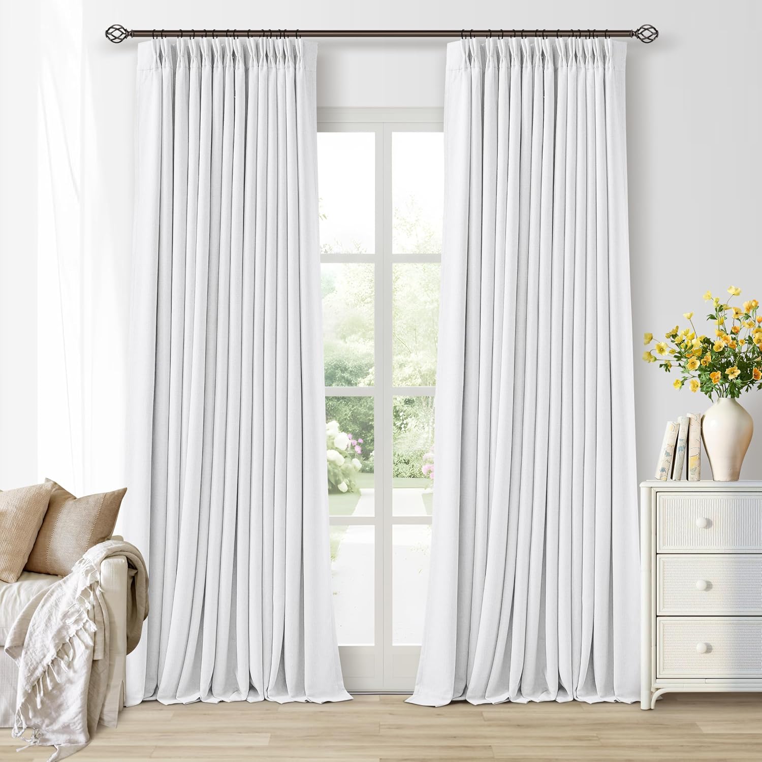 Twodrapes Soft White 100 Inch Floor Length Linen Blackout Curtains for Bedroom Pinch Pleated Black Out Thermal Insulated Window Drapes Ligh…