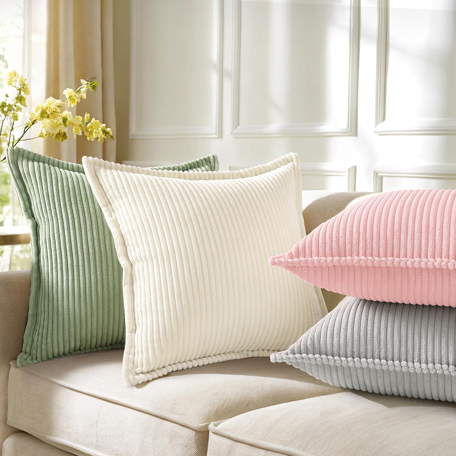 decorUhome Summer Corduroy Pink Euro Sham Throw Pillow Covers 26x26 Set of 2 Decorative Soft Boho Farmhouse Couch Pillow Covers for Living…