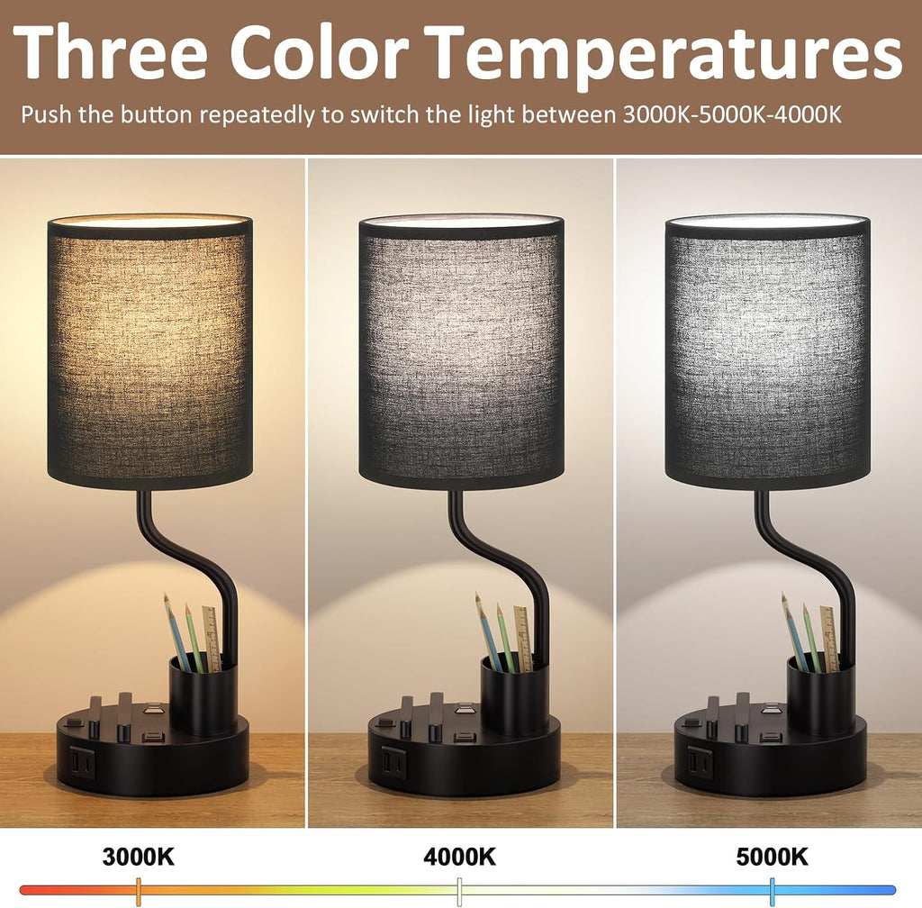 Black Bedside Table Lamps for Bedroom Set of 2 - Nightstand Light with AC Outlet and USB A & C for Charging, 3 Color Temperatures Desk…