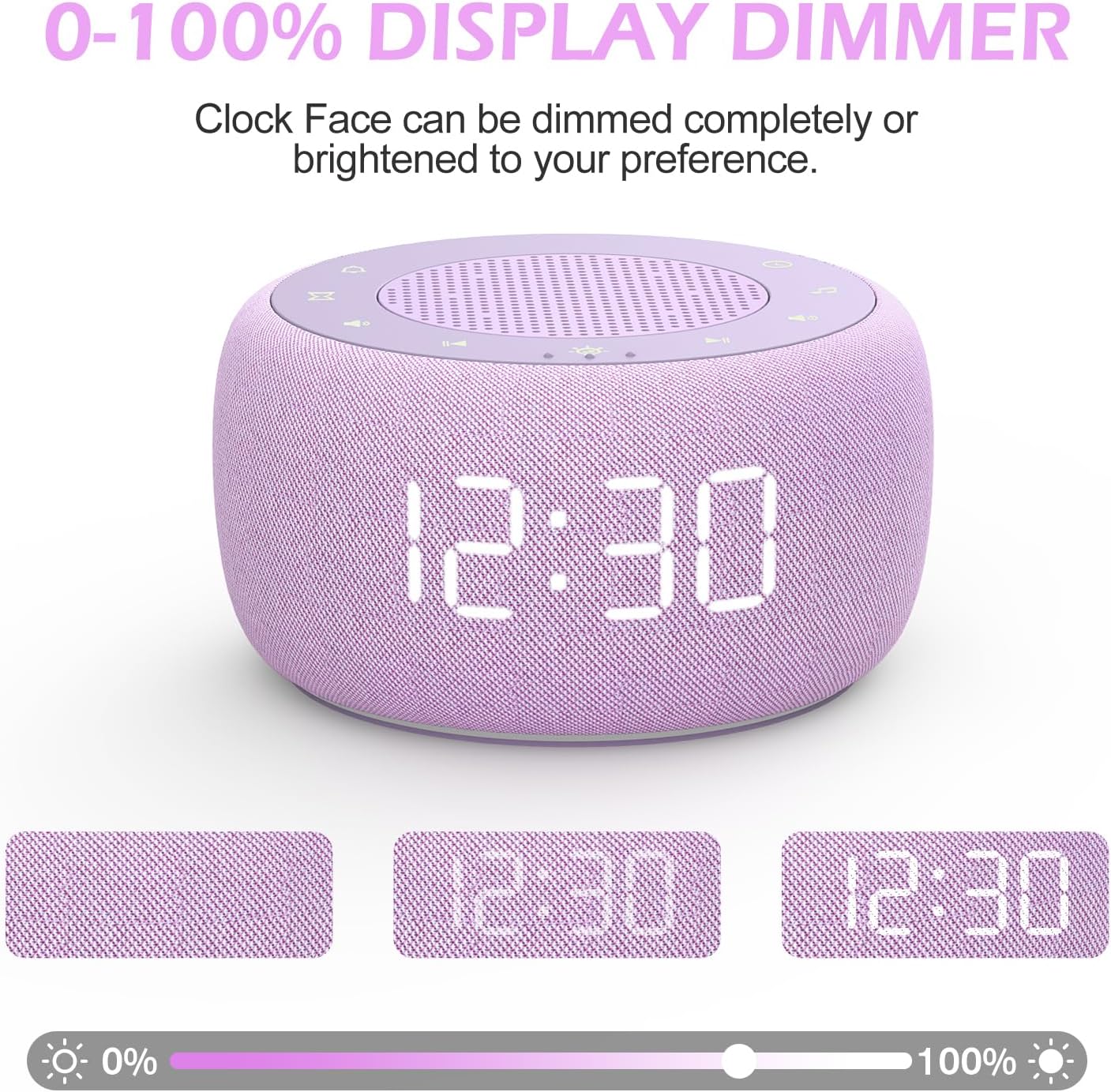 Buffbee Sound Machine & Alarm Clock 2-in-1, 0-100% Clock Face Brightness, Bottom Colored Light, Sleep Timer, Precise 30-Level Volume…