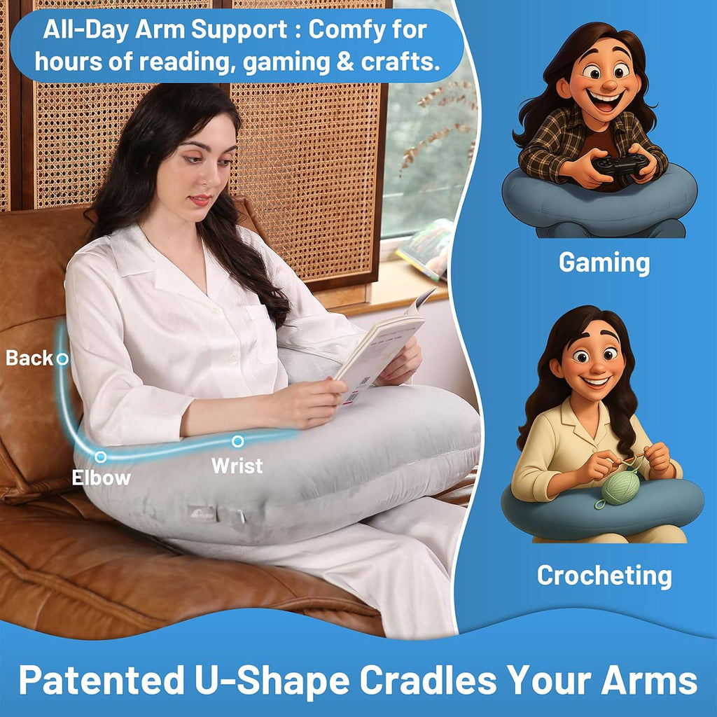 Ergonomic U-Shape Gaming & Lap Pillow - Crochet Pillow & Reading Support Pillow with Arm Relief, Comfort for Gamers, Crafters & Book…