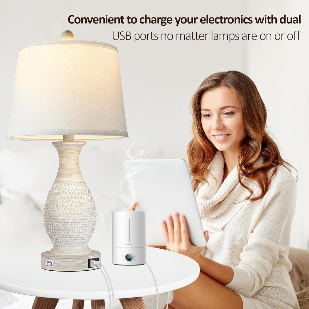 PARTPHONER Set of 2 Table Lamps with USB C+A Fast Charging Ports, 26" Tall Farmhouse Living Room Lamp with 3-Way Dimmable Nightstand Lamp…