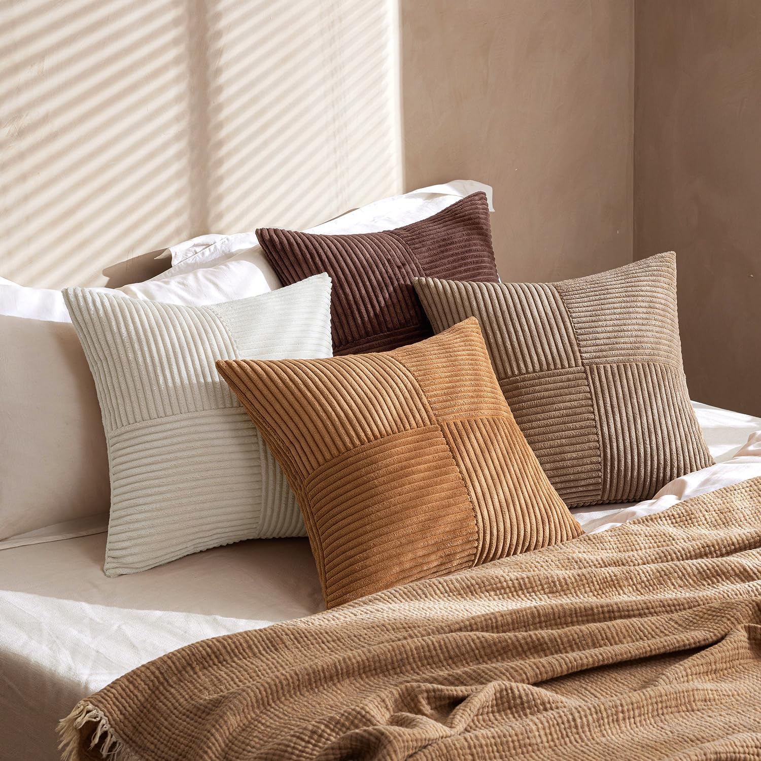 Miulee Brown Throw Pillow Covers 20x20 Inch Set of 4 Boho Farmhouse Cushion Cases Neutral Gradient Corduroy Pillow Cases with Invisible Zip…