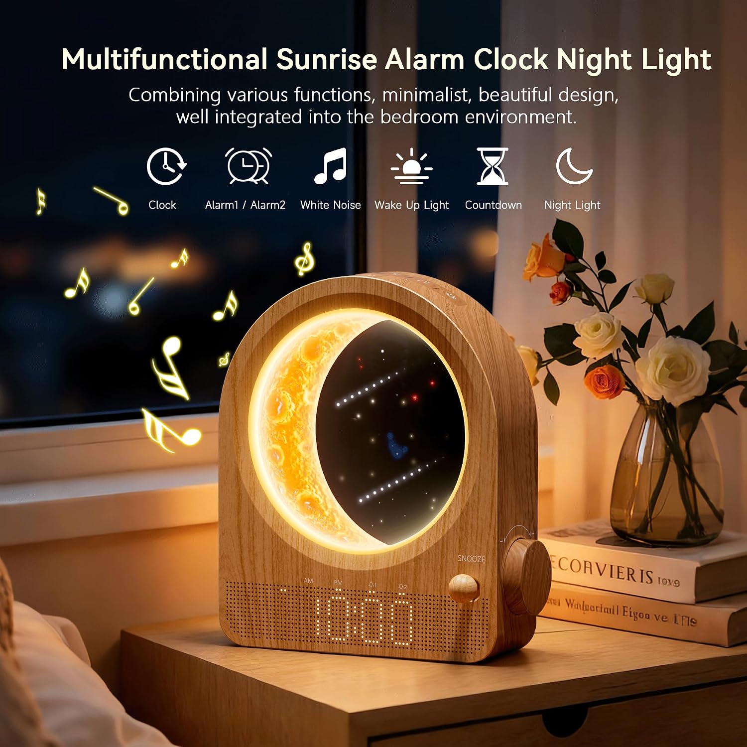 blonbar Sunrise Alarm Clocks with Dimmable Moon Lamp, 2 Alarm Clocks with 12Levels Volume for Heavy Sleepers, 10 Natural Sounds with 30/60/…
