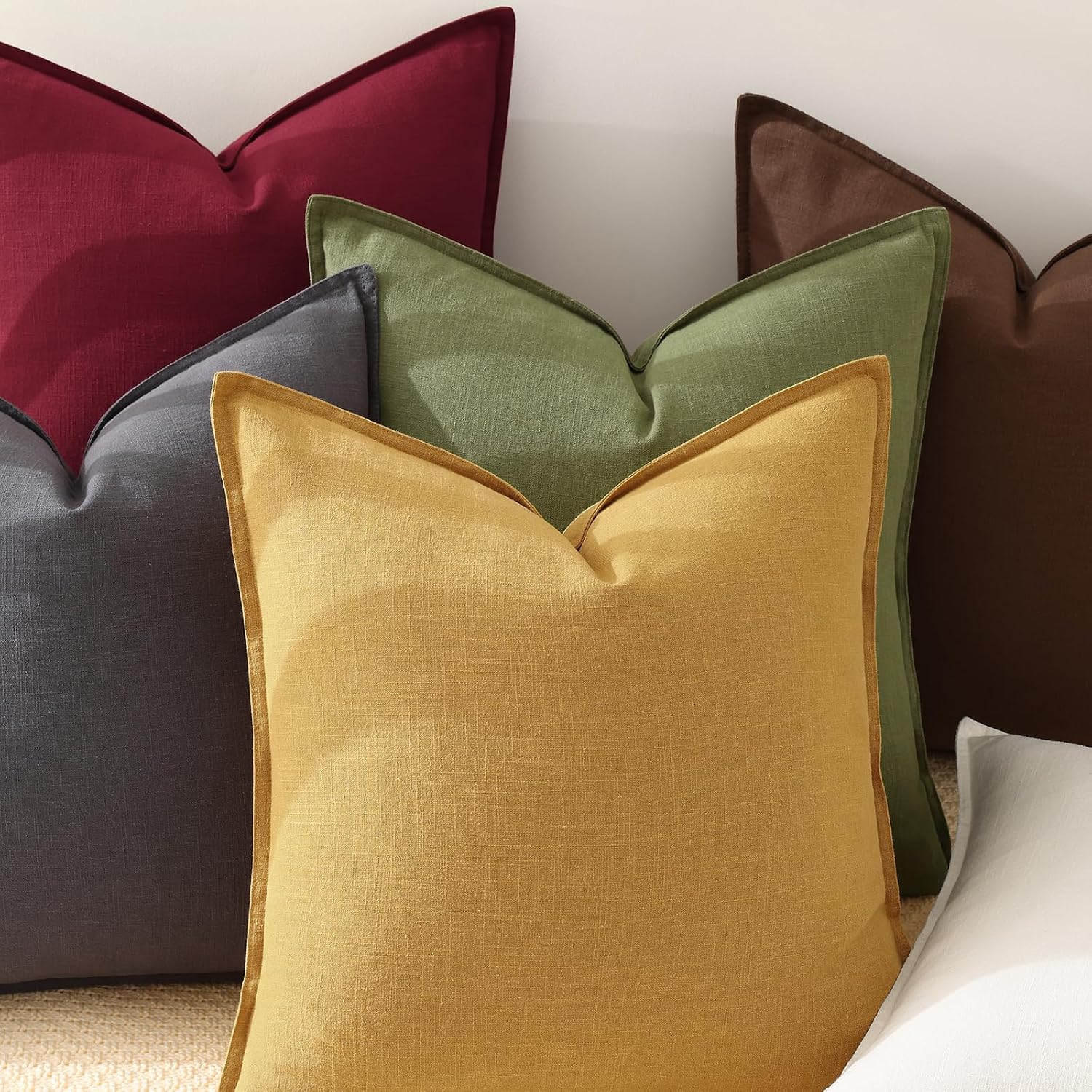 decorUhome Summer Decorative Linen Euro Sham Throw Pillow Covers 22x22 Inch Set of 2 Mustard Yellow Pillow Covers with Flange Edges Soft Fa…