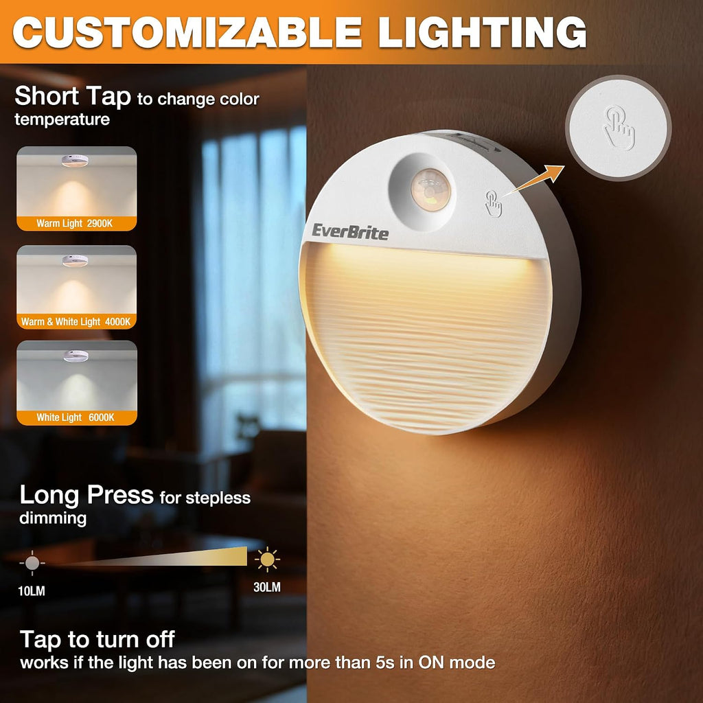 EverBrite Rechargeable Round Motion Sensor LED Night Light, Motion Activated LED Night Light with 3 Lighting Modes, Touch Control, 3…