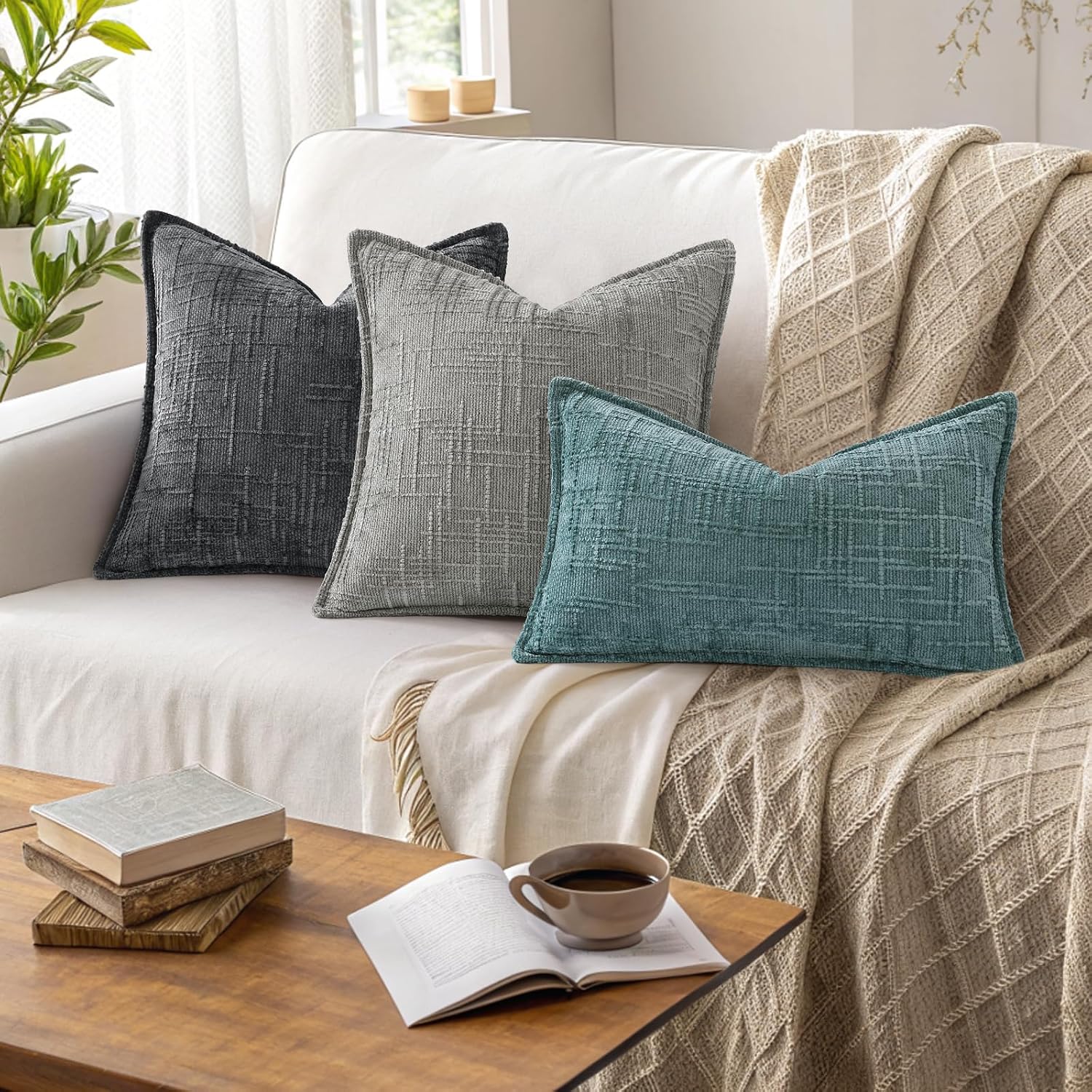 decorUhome Chenille Throw Pillow Covers 22x22 Set of 2, Soft Textured Slubby Modern Decorative Pillow Covers with Elegant Design for Couch,…
