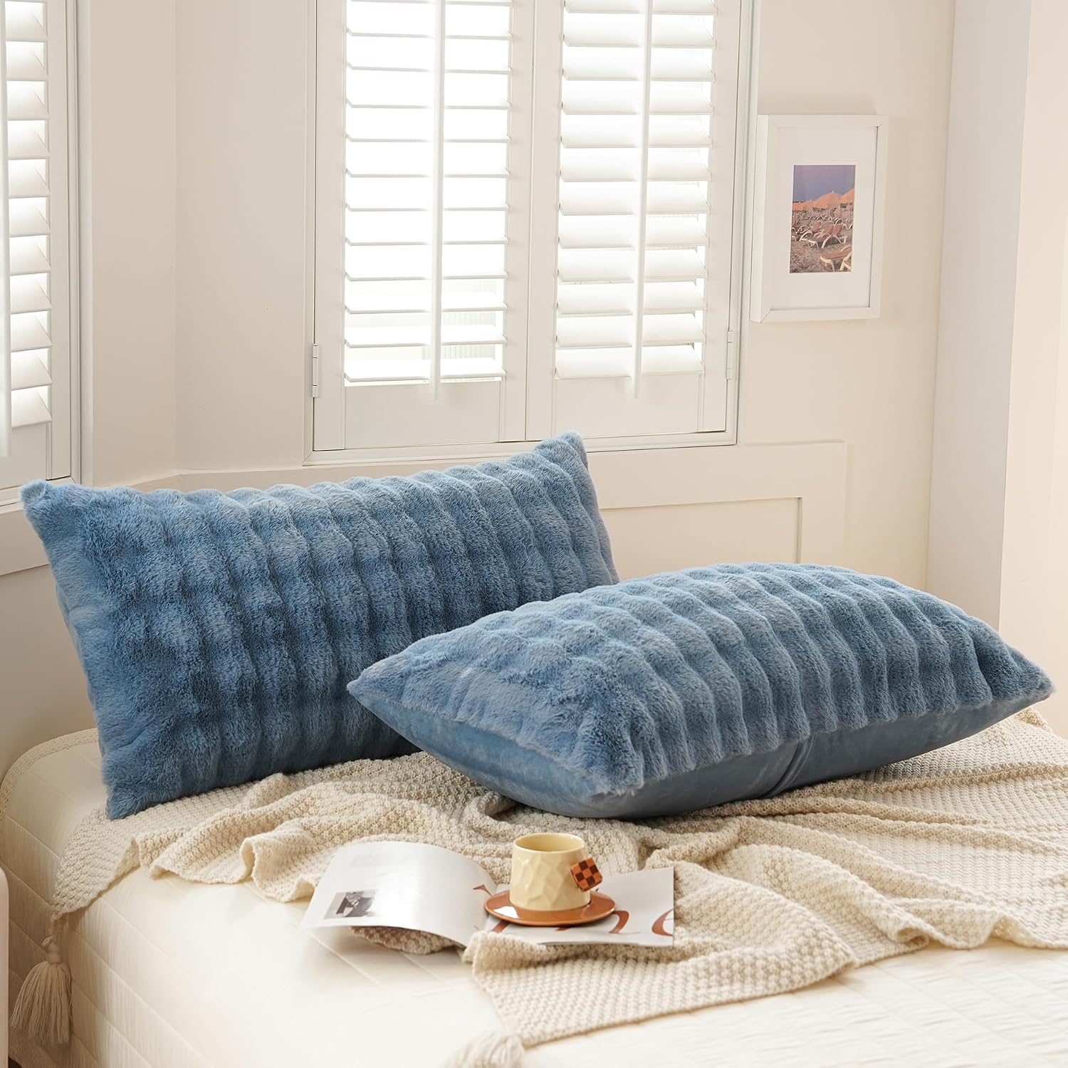 Uhamho Set of 2 Faux Fur Pillowcases, Luxury Bubble Waffle Carved Plush Standard Size Pillow Shams Soft and Furry, Zipper Closure (Dusty Bl…
