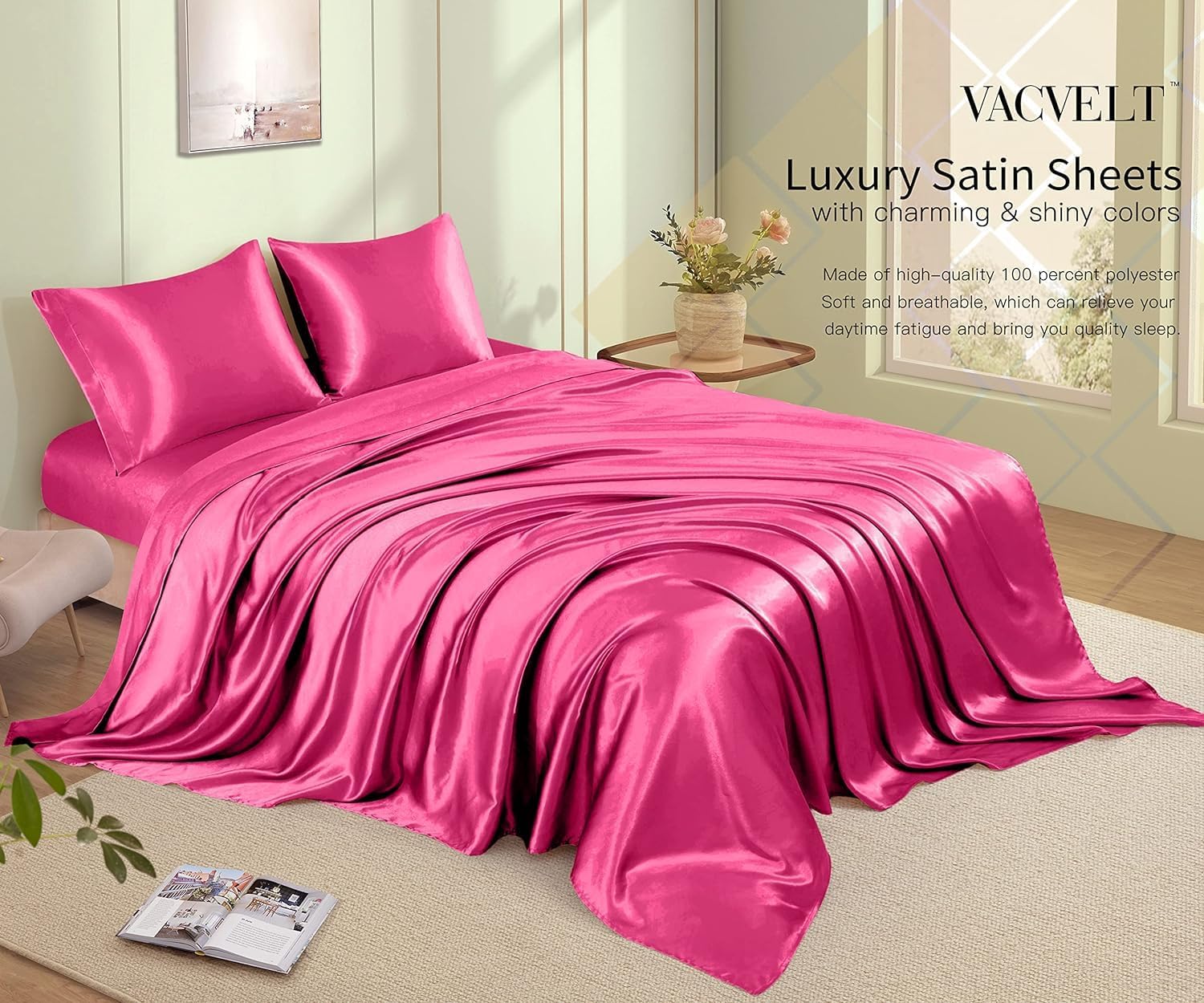VACVELT 3pcs Hot Pink Satin Sheets Twin XL Size Bed Set, 15 Inch Deep Pocket Silky Satin Sheet Set, Soft Satin Bedding Set Cooling &…