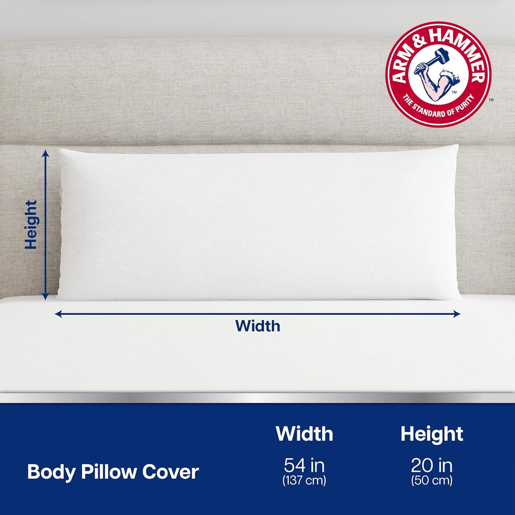 Armhammer Arm & Hammer Soft Terry Pillow Protector, Waterproof, Zipper Closure, 20" x 54", White, Body Pillow White