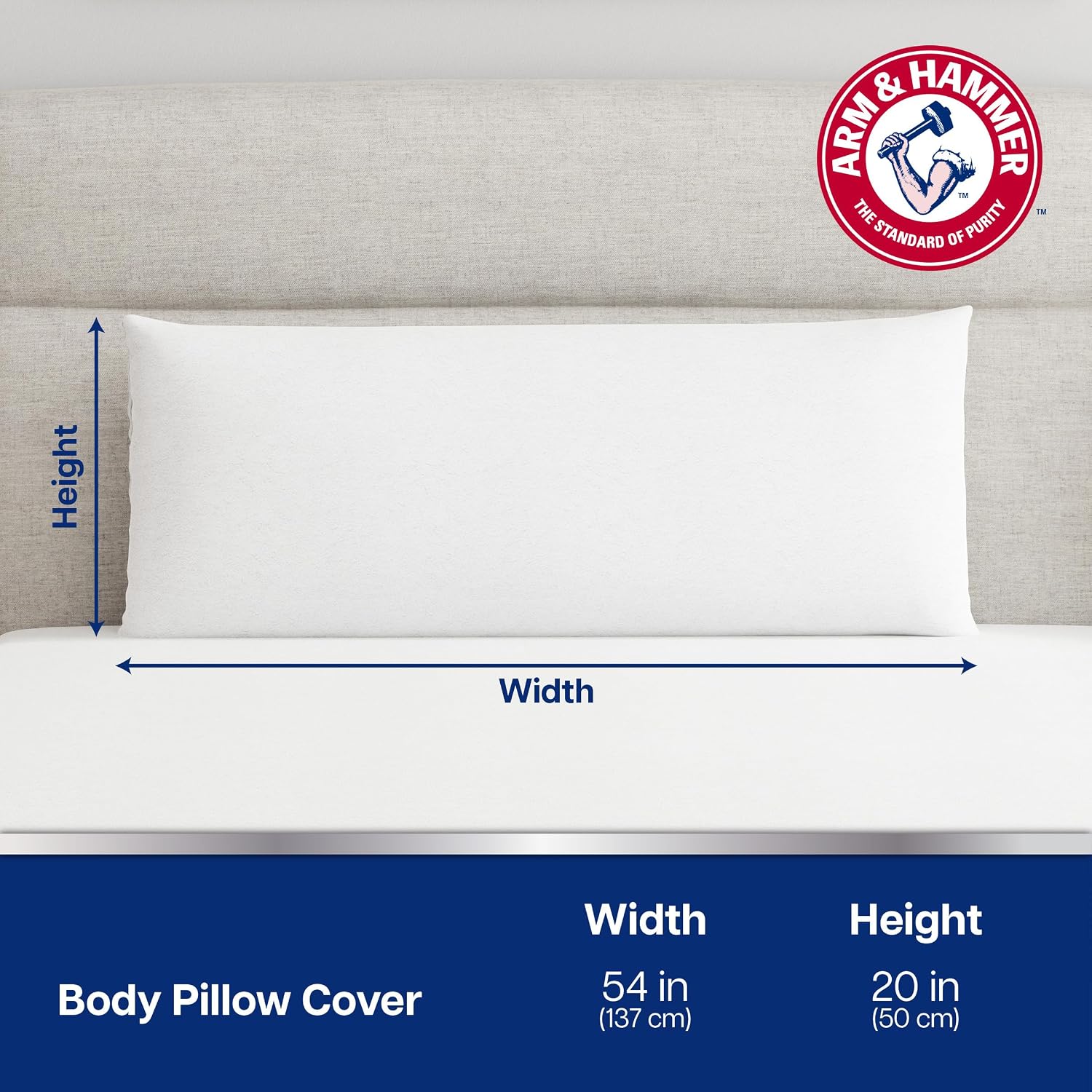 Armhammer Arm & Hammer Soft Terry Pillow Protector, Waterproof, Zipper Closure, 20" x 54", White, Body Pillow White