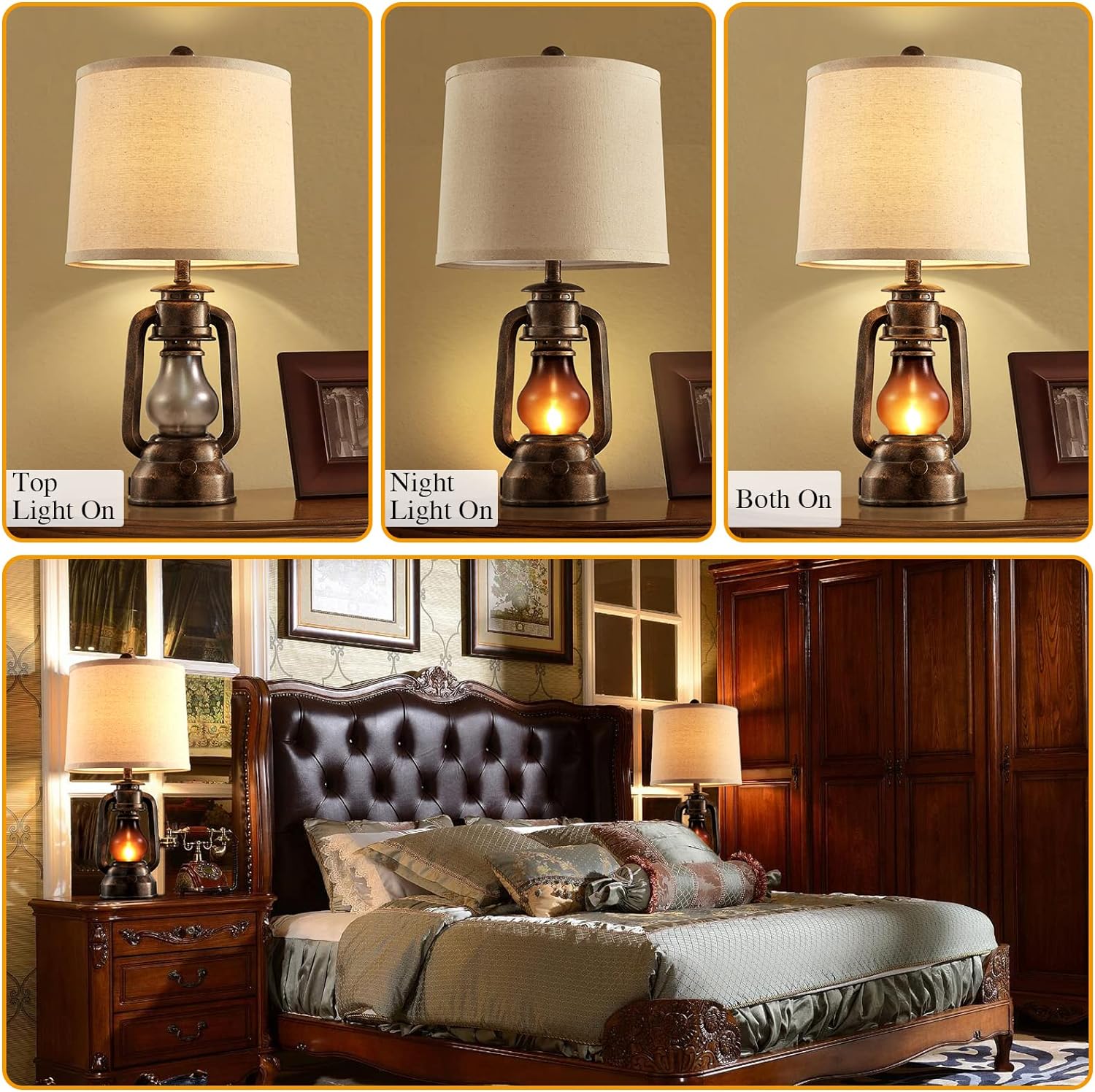 Farmhouse Lantern Table Lamps for Living Room Set of 2, Vintage Bedroom Resin Lamp with Dual USB Charging Ports, Rustic Retro Bedside…