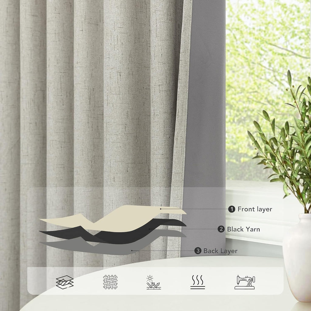 Pitalk Linen Blackout Curtains 84 Inch Length 2 Panels Set for Living Room Bedroom Back Tab Thermal Insulated 100% Black Out Linen Drapes R…