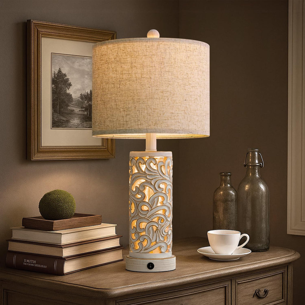 Oyears 22'' Table Lamp Set of 2 for Living Room, Farmhouse Lamp for for Bedroom, Vintage Retro Bedside Lamps with USB Ports Linen Shade for H…