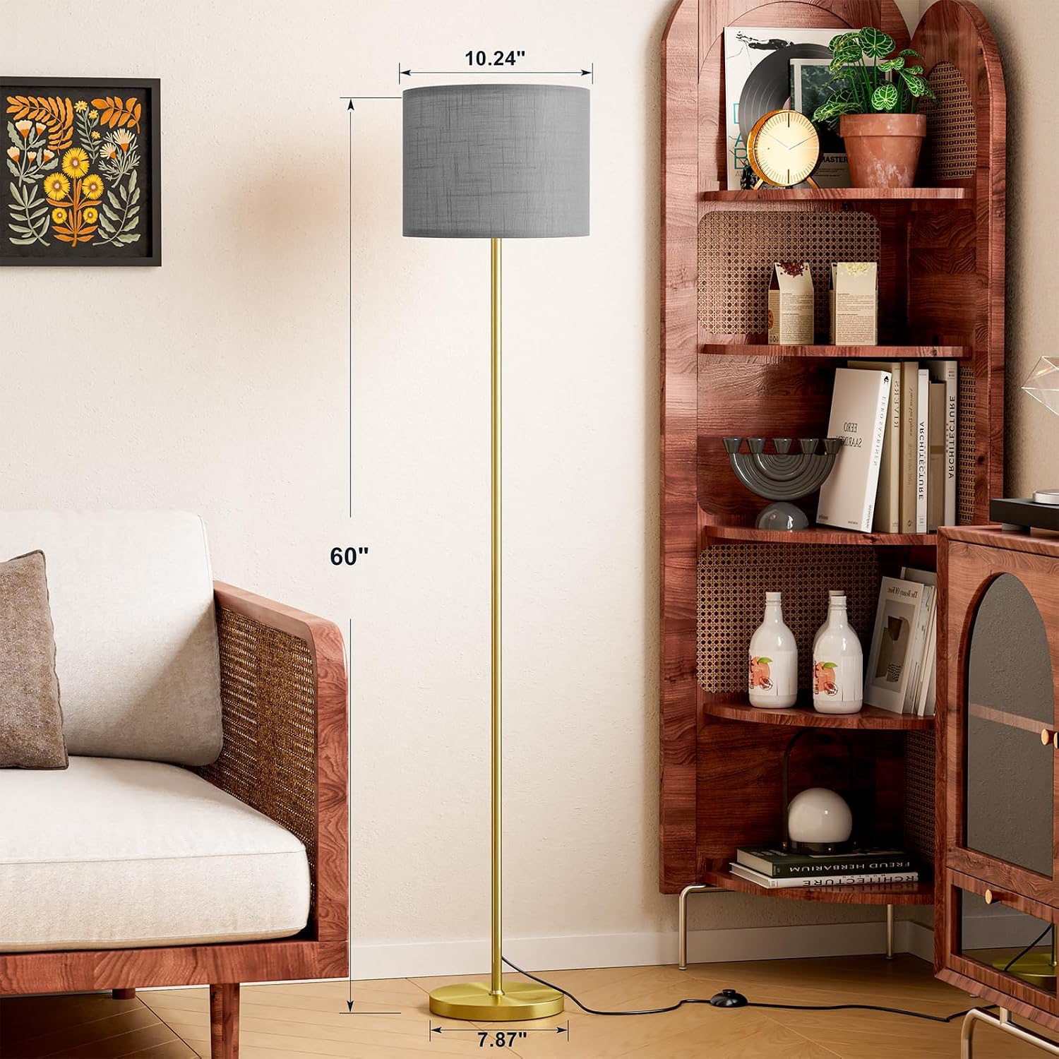 Ambimall 60'' Modern Floor Lamp with Shade, Tall Lamps for Living Room, Bedroom, Office, Dining Room, Linen Grey Shade with Brushed Gold Po…