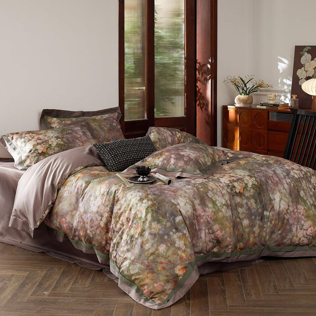 mixinni Vintage Floral Duvet Cover Set - Queen Size, 100% Long Staple Cotton Percale, Reversible Garden Style Bedding Set with Zipper Closu…