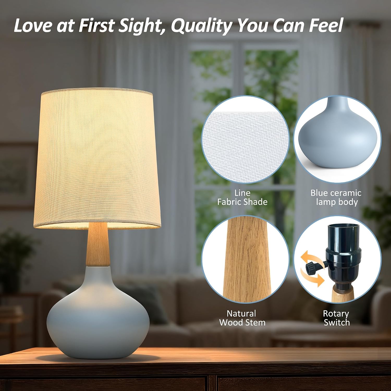 14" Ceramic Table Lamp Set of 2, Small Bedside Lamp with Natural Wood Stem & Linen Shade, Modern Farmhouse Night Lamp for Bedroom Living…