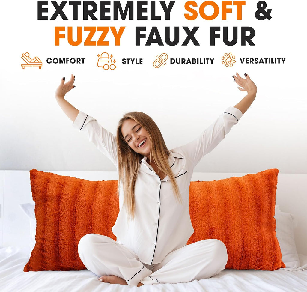 Cheer Collection Faux Fur Long Body Pillow - Accent Throw Pillow for Bed and Couch - Decorative Lumbar Pillow with Insert, Rust Orange…