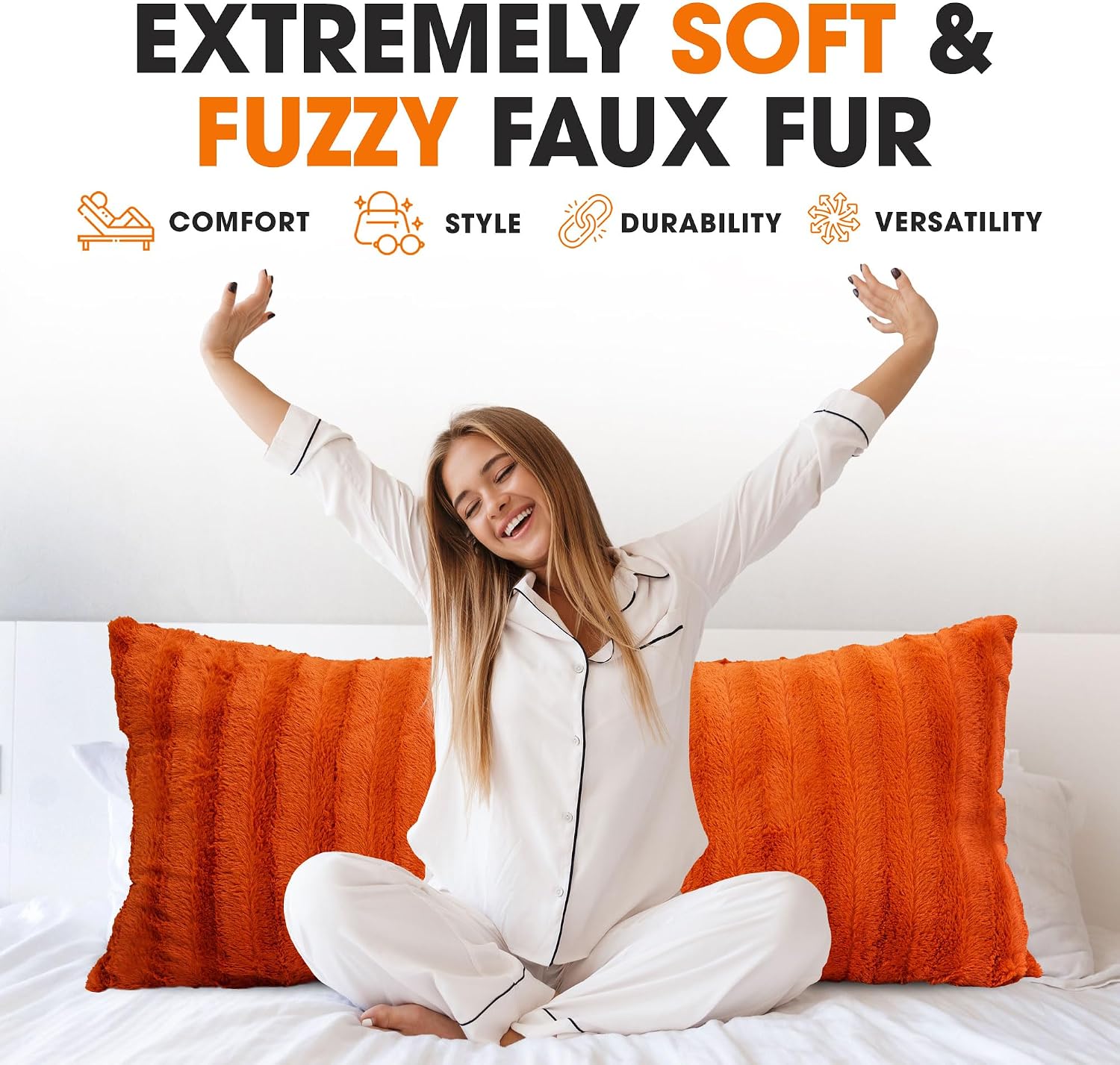 Cheer Collection Faux Fur Long Body Pillow - Accent Throw Pillow for Bed and Couch - Decorative Lumbar Pillow with Insert, Rust Orange…