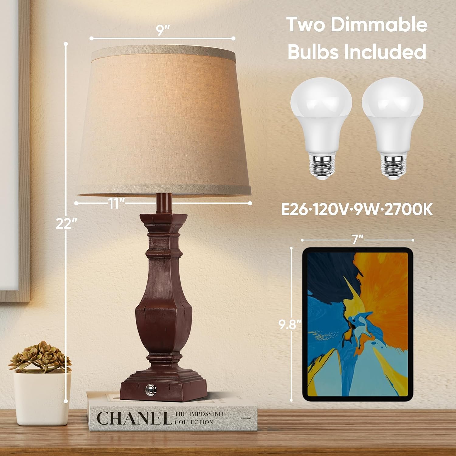 ROTTOGOON Dimmable Table Lamps Set of 2, Rustic Farmhouse Table Lamps for Living Room Bedroom, Bedside Desk Lamps for end Tables, Touch…