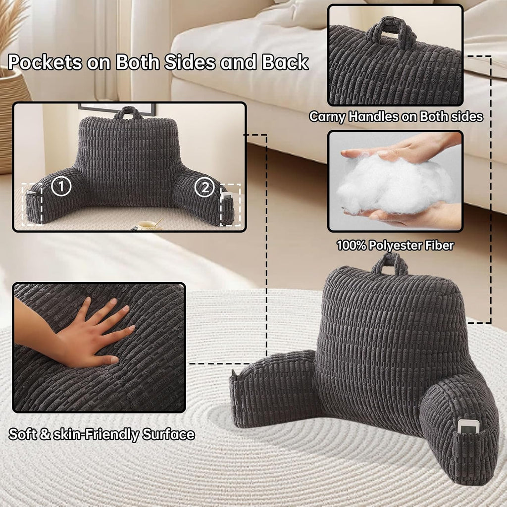 Pajeo Reading Pillow for Sitting in Bed with Arm Rests,100% 7D Fiber Filling Sitting Pillow for Back Support, Oeko-TEX Certified Backrest Pi…