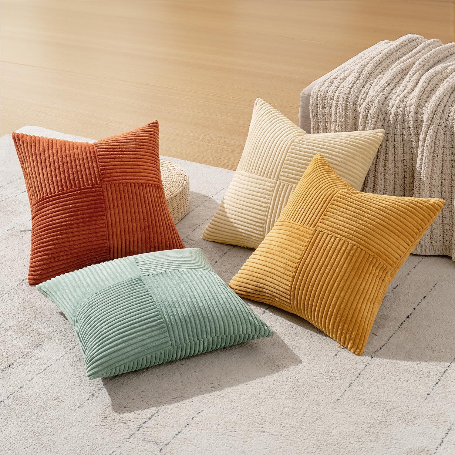 Miulee Teal Orange Decorative Throw Pillow Covers 18x18 Inch Set of 4 Boho Corduroy Striped Cushion Cases Modern Farmhouse Patchwork Pillow…