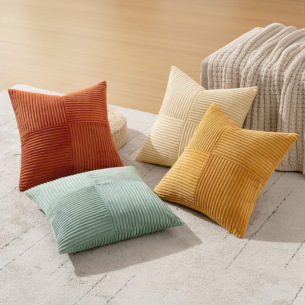 Miulee Teal-Orange Decorative Throw Pillow Covers 20x20 Inch Set of 4 Boho Corduroy Striped Cushion Cases Modern Farmhouse Patchwork Pillow…