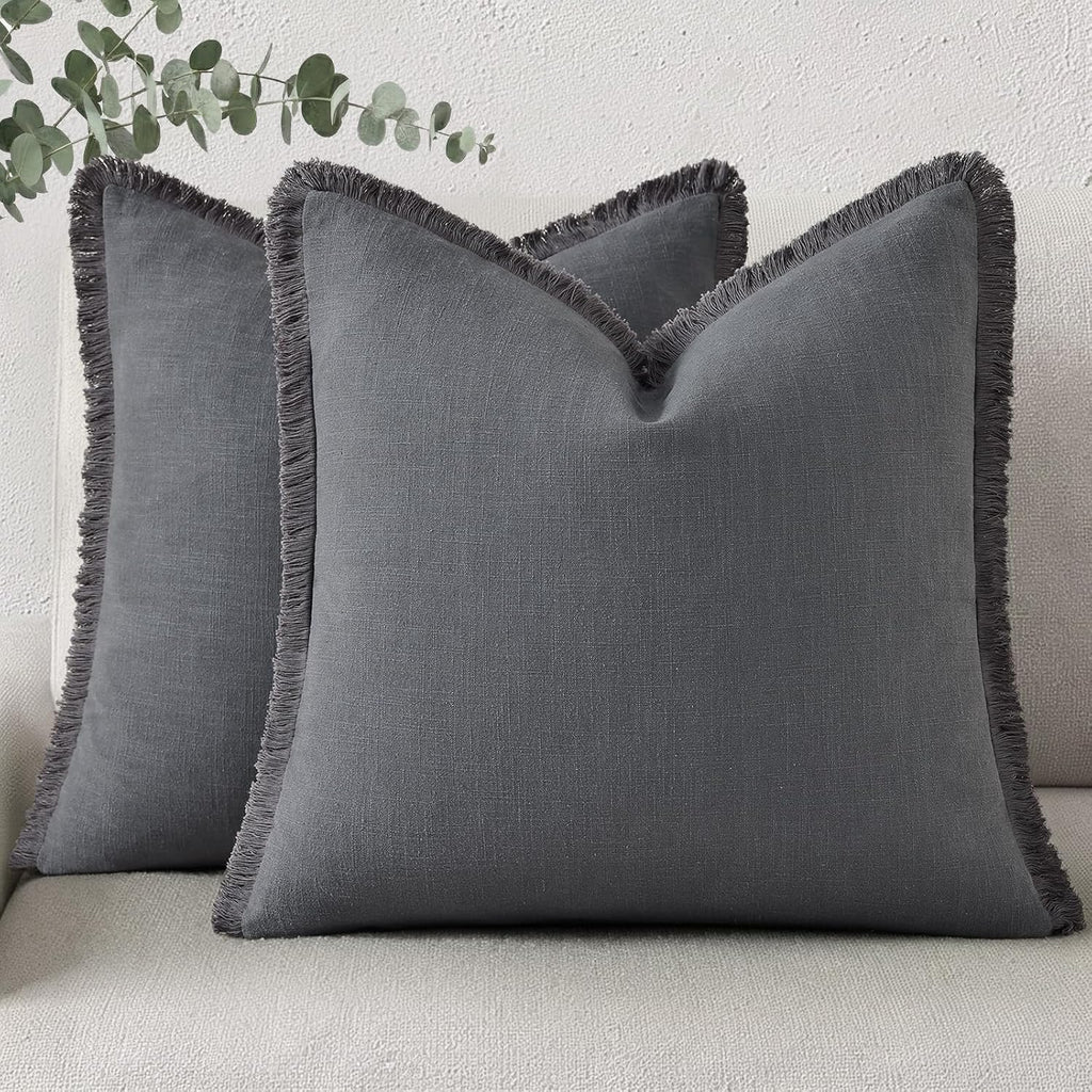 decorUhome Summer Decorative Neutral Linen Fringe Euro Sham Throw Pillow Covers Set of 2 Dark Grey Pillow Covers with Tassels Soft Farmhous…
