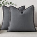 decorUhome Summer Decorative Neutral Linen Fringe Euro Sham Throw Pillow Covers Set of 2 Dark Grey Pillow Covers with Tassels Soft Farmhous…