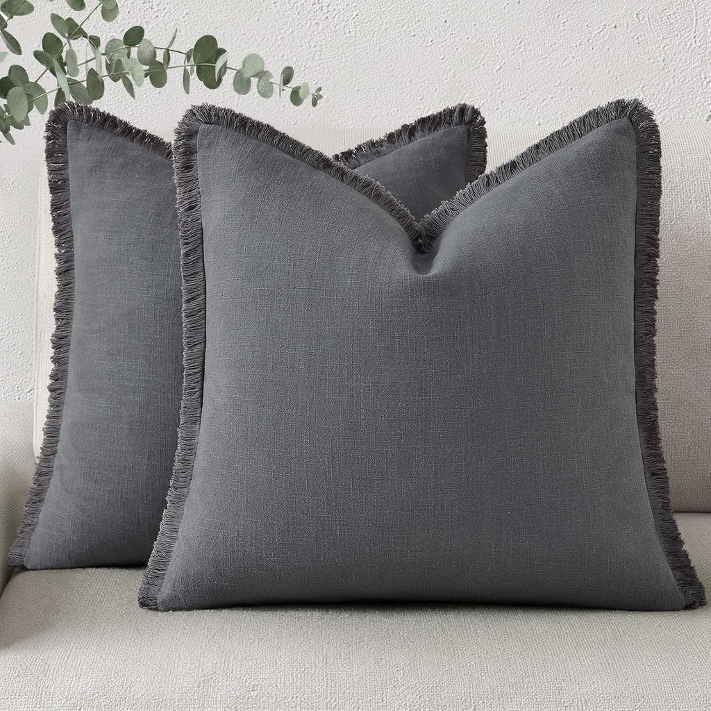 decorUhome Summer Decorative Neutral Linen Fringe Throw Pillow Covers Set of 2 Dark Grey Pillow Covers with Tassels Soft Farmhouse Boho Acc…