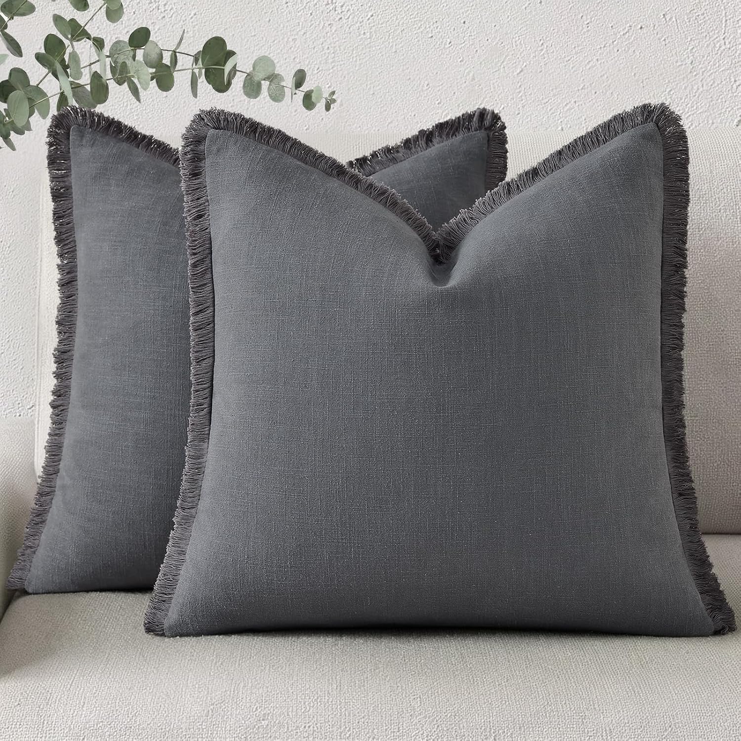 decorUhome Summer Decorative Neutral Linen Fringe Throw Pillow Covers Set of 2 Dark Grey Pillow Covers with Tassels Soft Farmhouse Boho Acc…