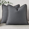 decorUhome Summer Decorative Neutral Linen Fringe Throw Pillow Covers Set of 2 Dark Grey Pillow Covers with Tassels Soft Farmhouse Boho Acc…