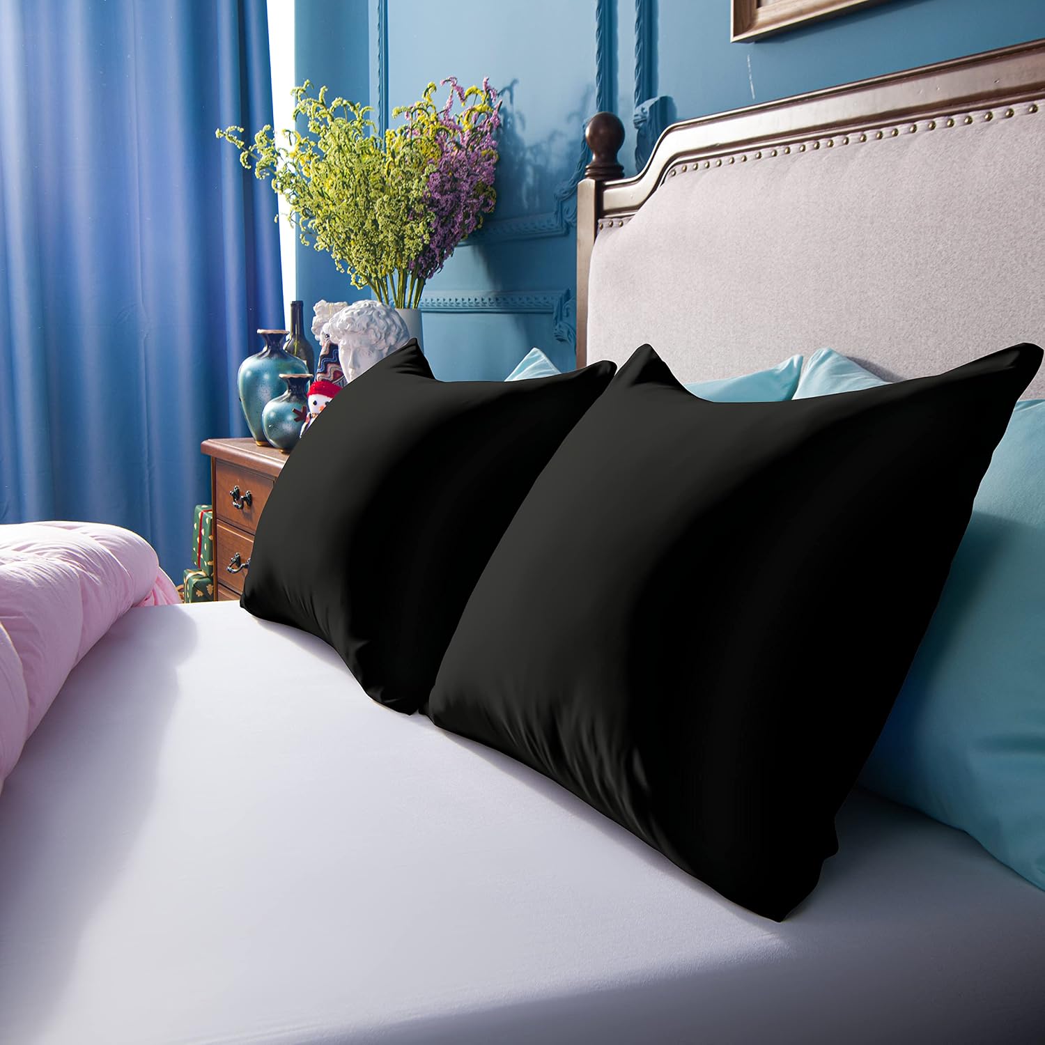 Ntbay Zippered Satin Pillow Cases for Hair and Skin, Luxury King Hidden Zipper Pillowcases Set of 2, 20x36 Inches, Black 36 Inches Black