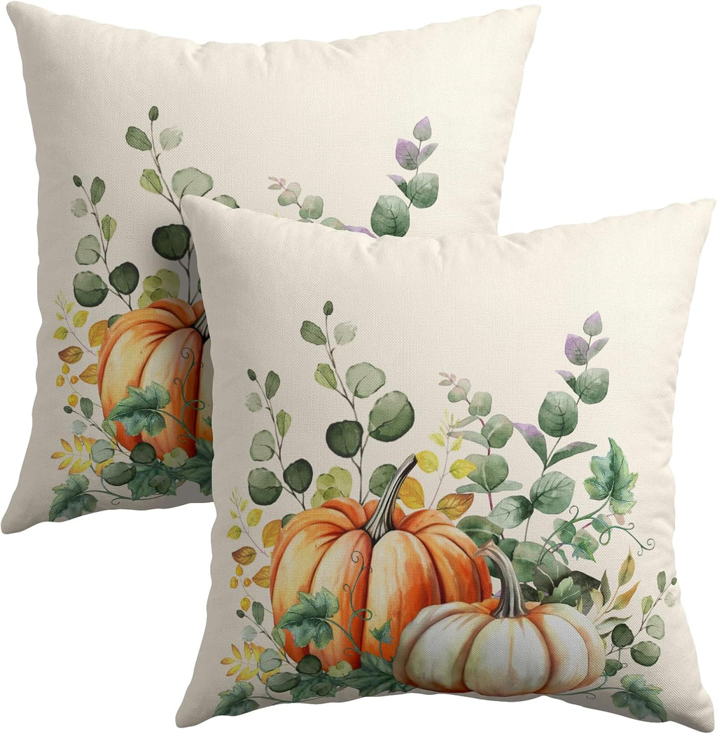 Fall Throw Pillow Cover 16x16 Inch Pack of 2 Autumn Watercolor Pumpkin Sage Green Leaf Outdoor Pillow Protector Thanksgiving Sofa Cotton…