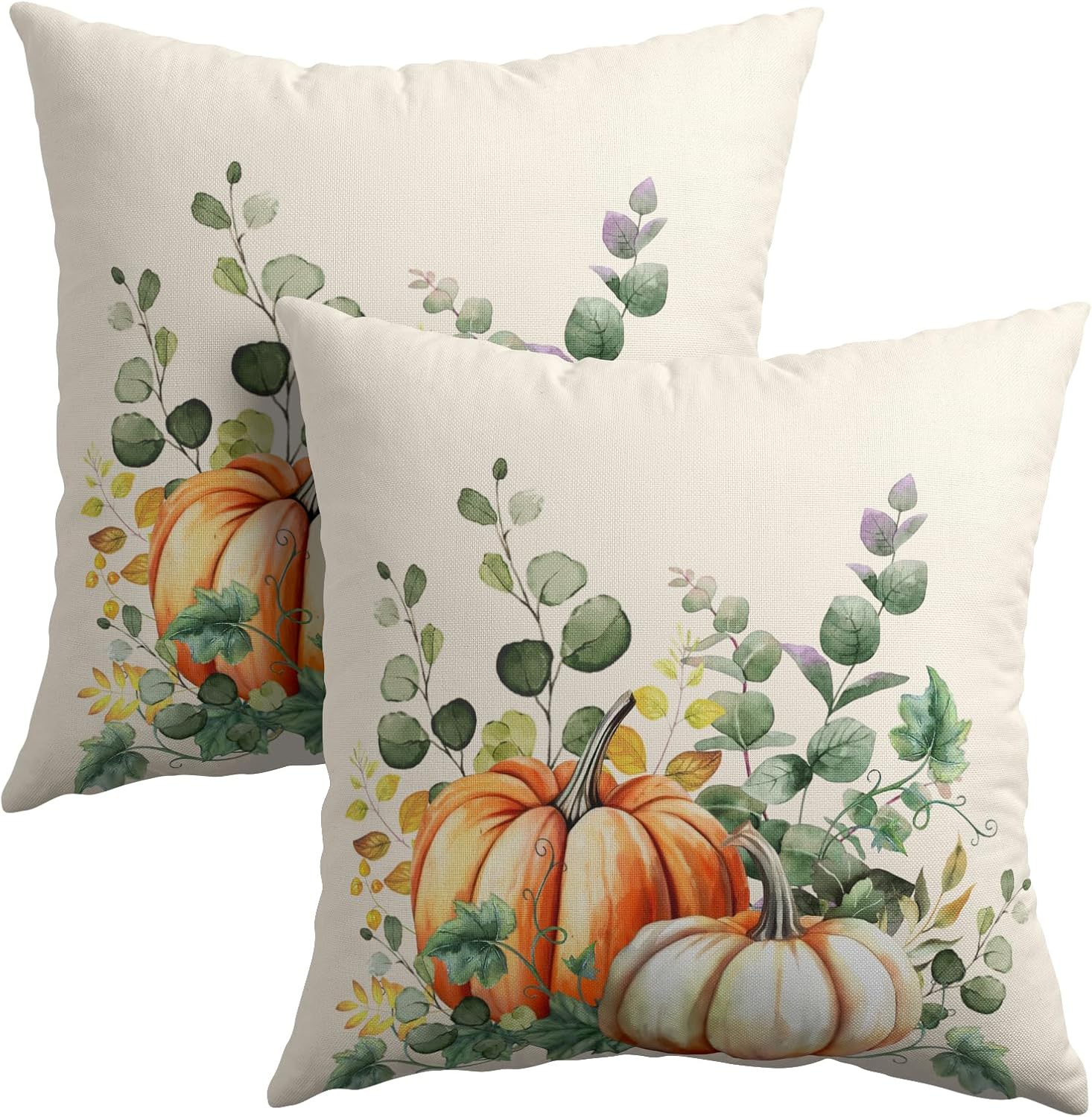 Fall Throw Pillow Cover 16x16 Inch Pack of 2 Autumn Watercolor Pumpkin Sage Green Leaf Outdoor Pillow Protector Thanksgiving Sofa Cotton…