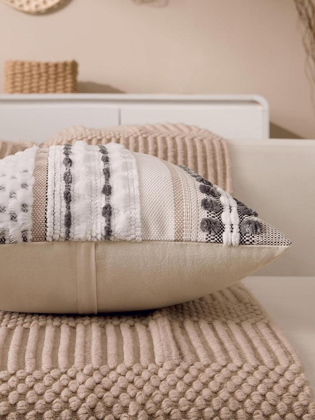 Boho Chenille Tufted Couch Throw Pillow Covers 18x18 Inch Set of 2 Farmhouse Striped Decorative Pillow Covers Accent Neutral Square…