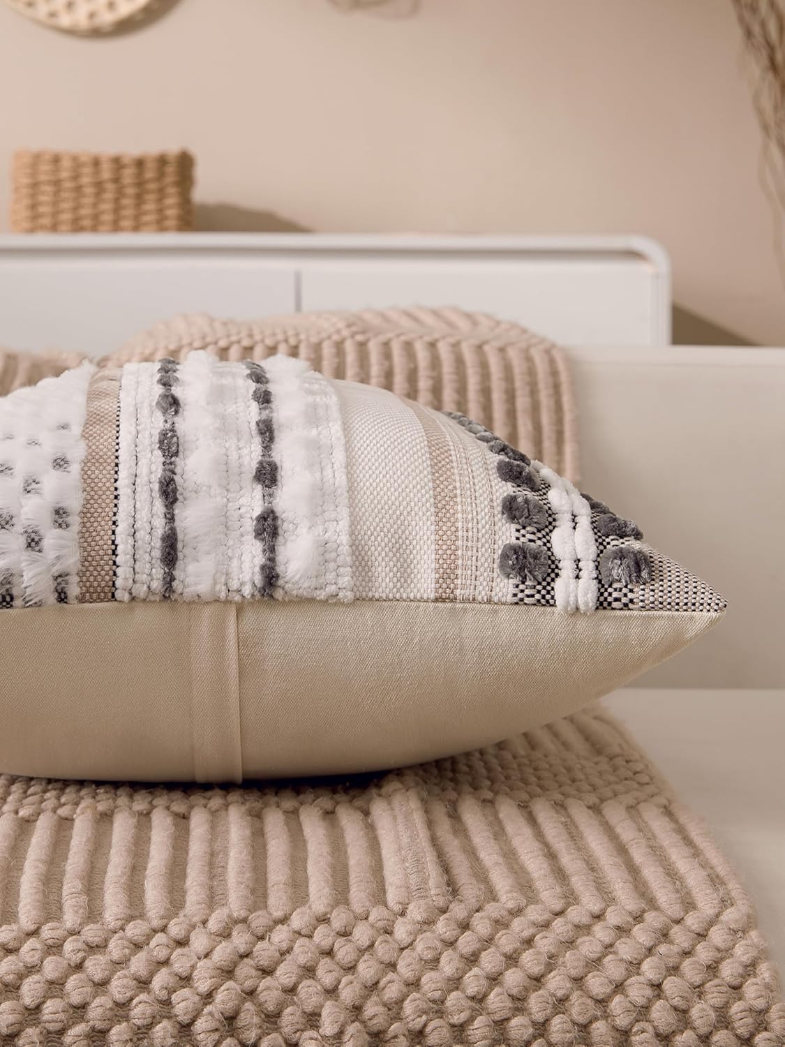 Boho Chenille Tufted Couch Throw Pillow Covers 18x18 Inch Set of 2 Farmhouse Striped Decorative Pillow Covers Accent Neutral Square…