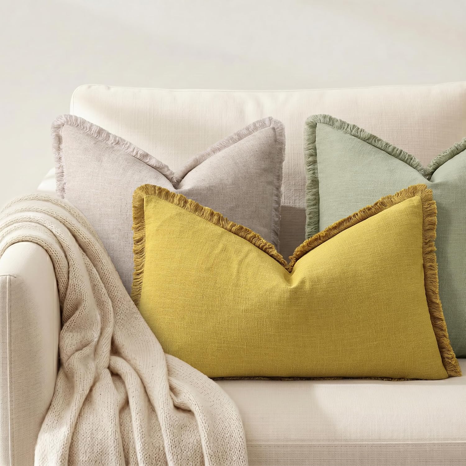decorUhome Summer Decorative Neutral Linen Fringe Lumbar Throw Pillow Covers Set of 2 Mustard Yellow Pillow Covers with Tassels Soft Farmho…