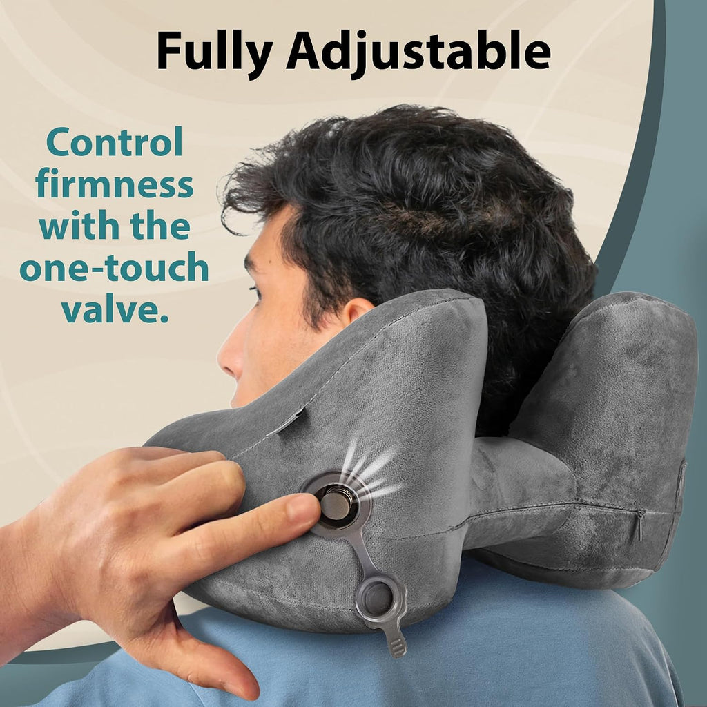 FLOWZOOM Air Inflatable Neck Pillow for Traveling on Plane - H-Shape Hooded Travel Pillow with 5 Snooze Modes, Fast Inflation, Pressure…