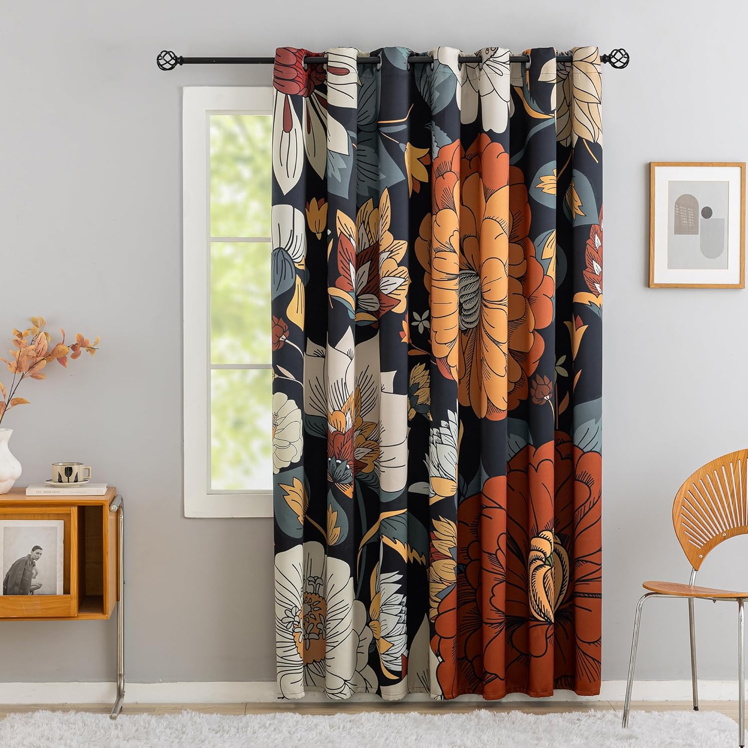 Tyrot Black Boho Floral Blackout Curtains for Sliding Glass Doors 84 inch Length Extra Wide Curtains for Patio Sliding Door Living Room…