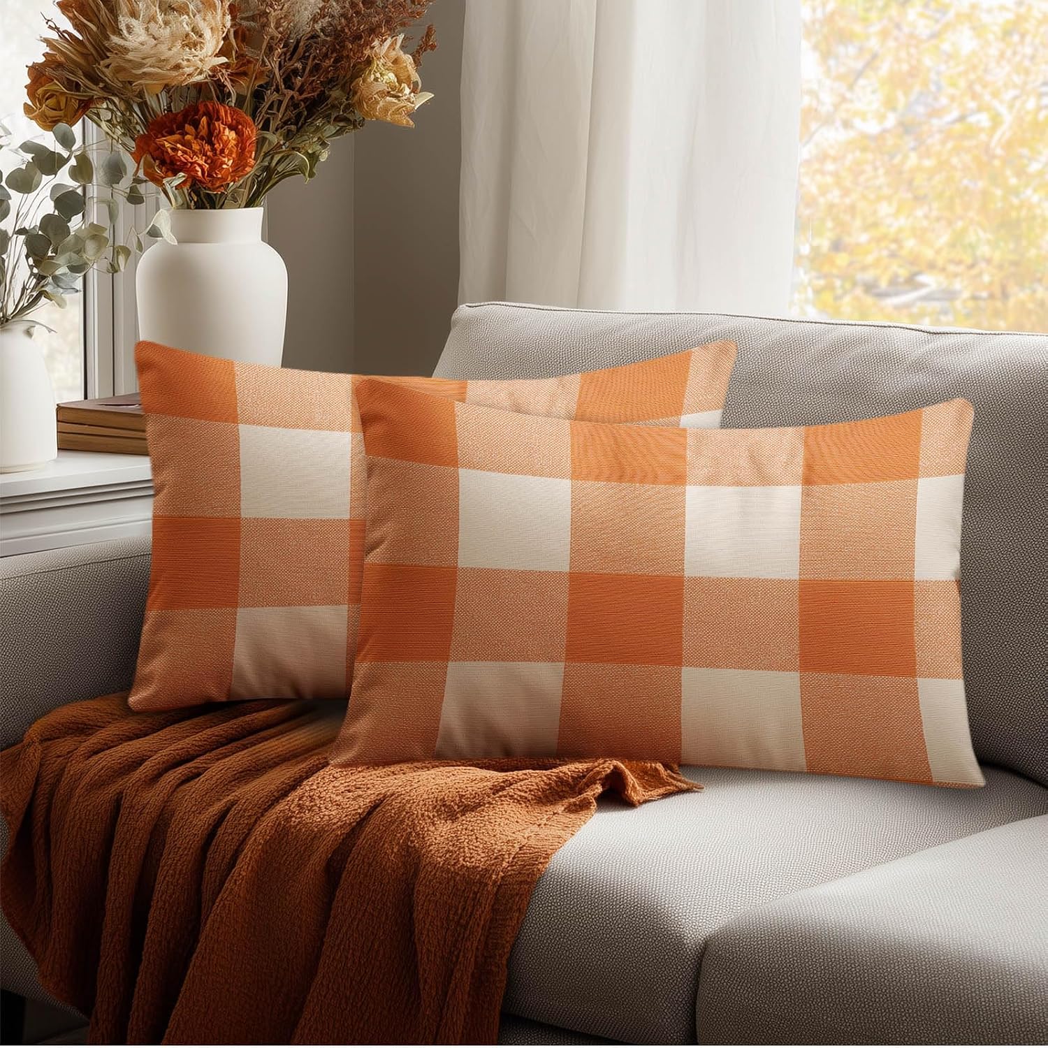 HOMETITUTE Orange Plaid Pillow Covers Decorative Pack of 2 Satin 12x20 Inch Lumbar Throw Pillow Cases for Sofa Couch Living Room…