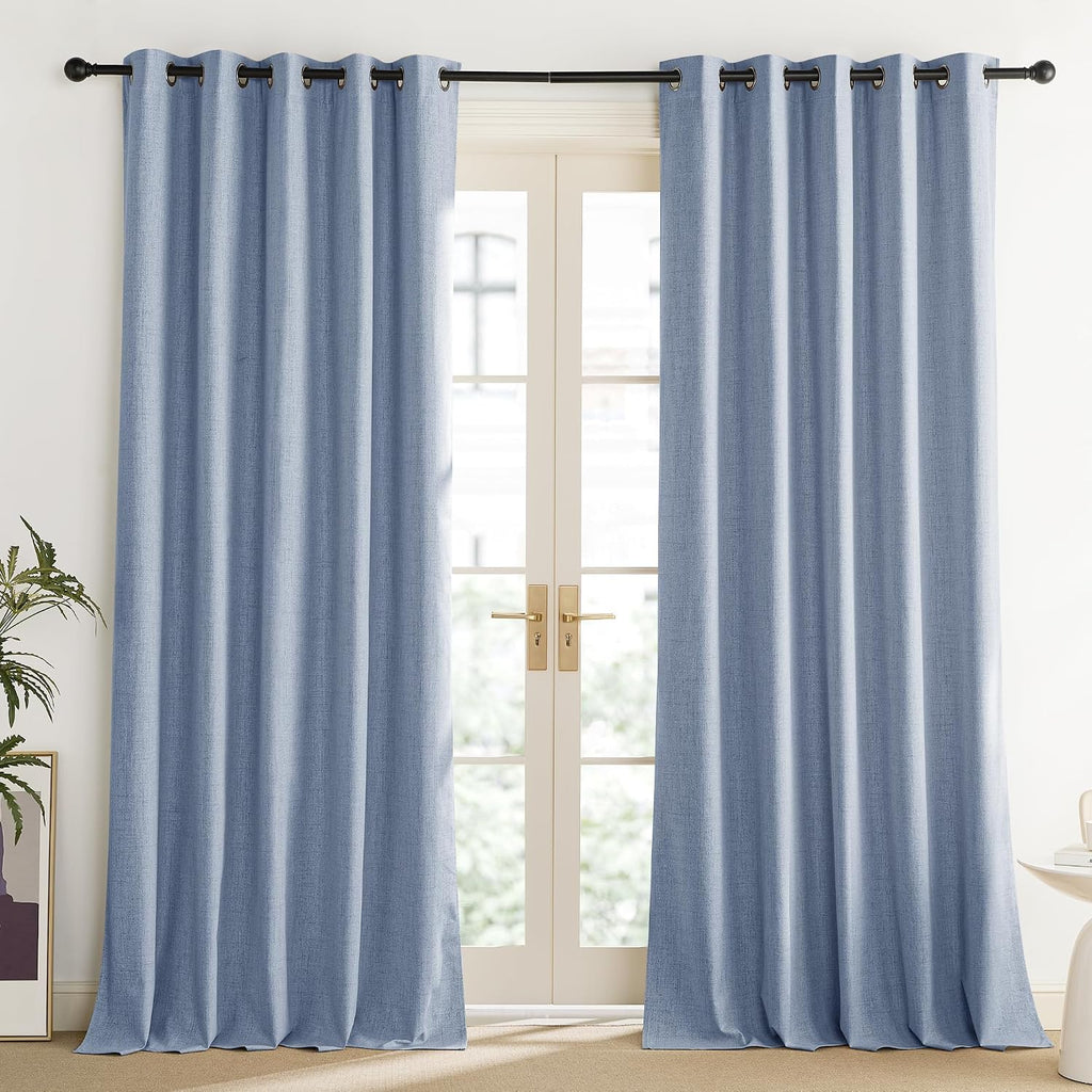 NICETOWN Stone Blue Vintage Linen 100% Blackout Curtains for Living Room, Thermal Insulated Curtains 84" Long, Noise Reducing Window…