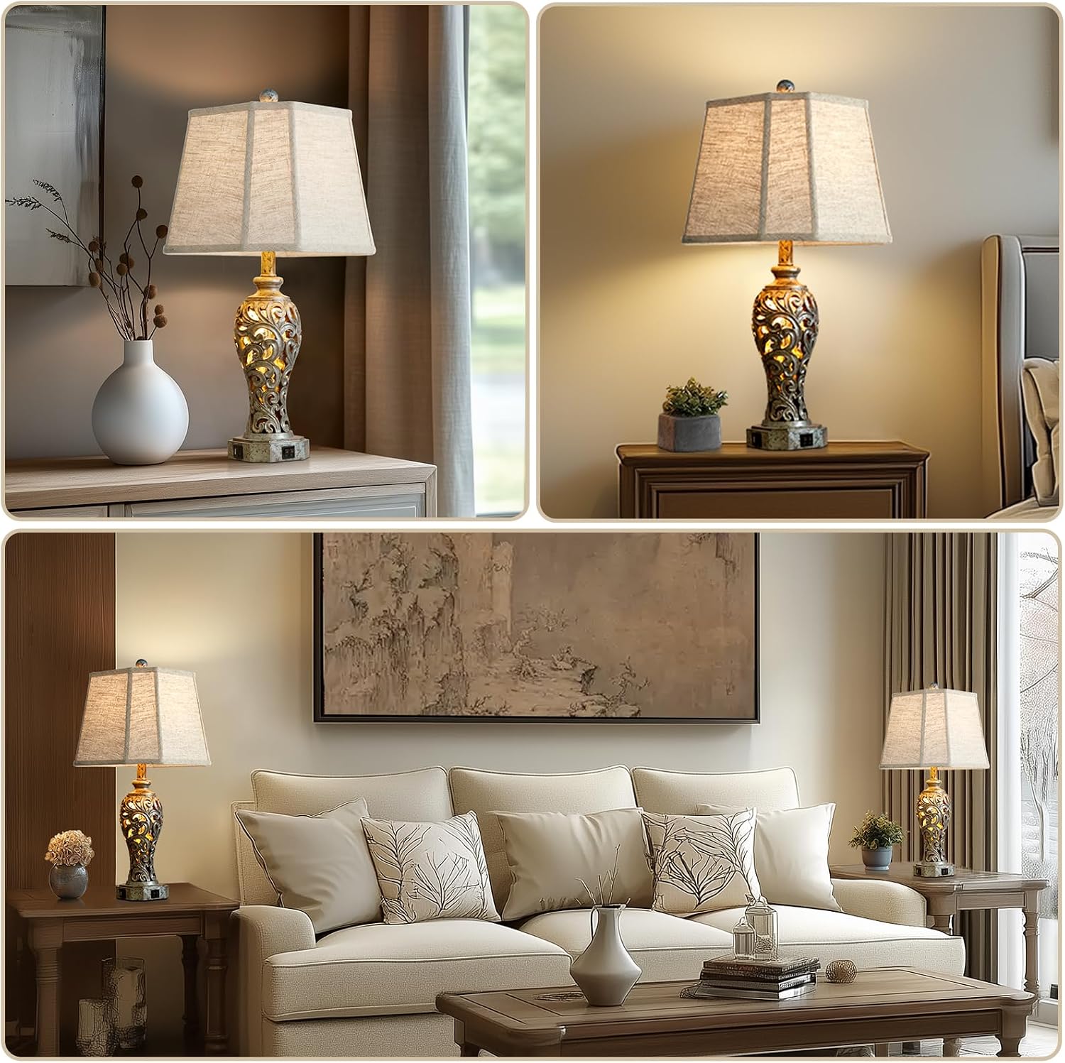 Vintage Table Lamps Set of 2 for Living Room Bedroom, 2 USB Ports 25'' Rustic Farmhouse Desk Lamp with Nightlight, Iron Gray Hollow Out…